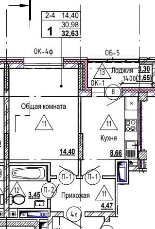 1 комн., 32.8 м²