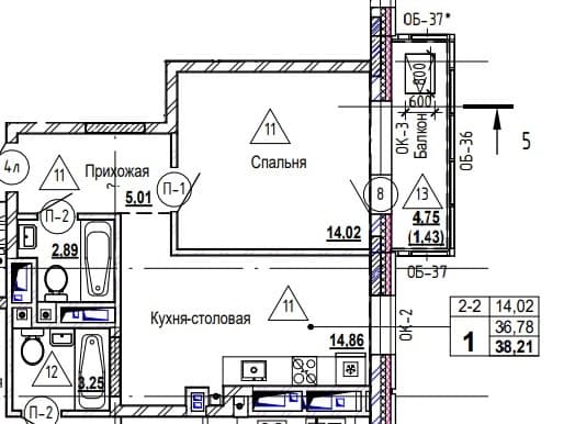 1 комн., 38.4 м²