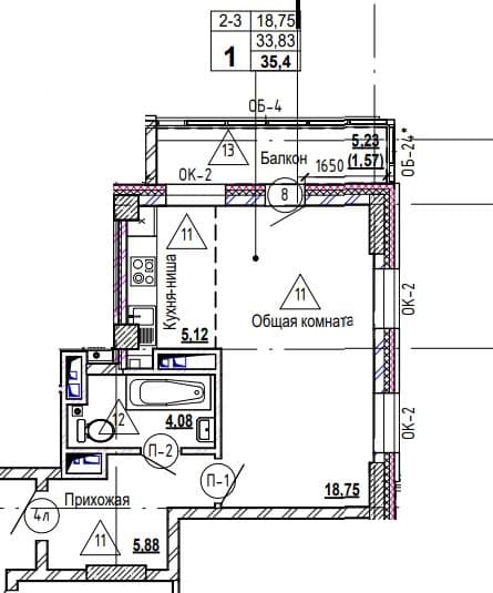 1 комн., 35.8 м²