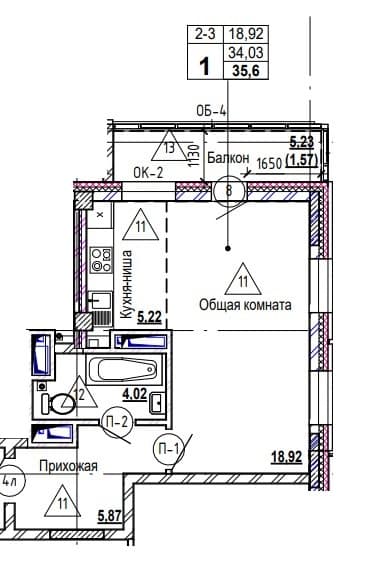 1 комн., 35.8 м²