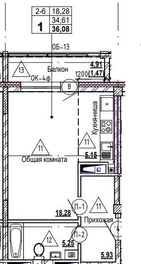 1 комн., 36.3 м²