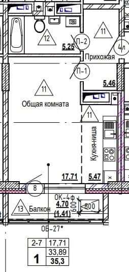 1 комн., 35.7 м²