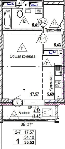 1 комн., 35.8 м²