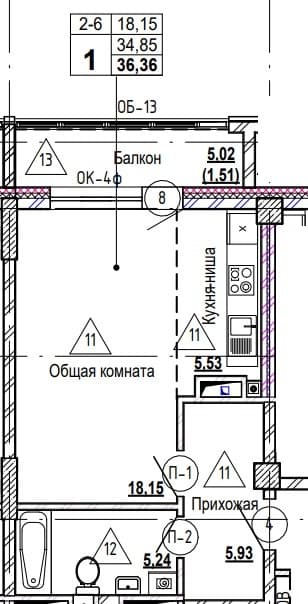 1 комн., 36.6 м²