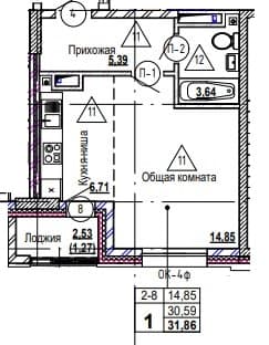 1 комн., 31.9 м²