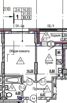 1 комн., 33.3 м²