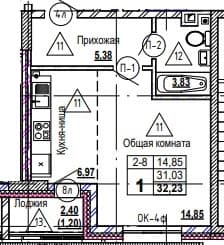 1 комн., 32.4 м²