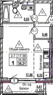 1 комн., 36.9 м²