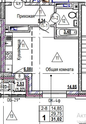 1 комн., 31.6 м²