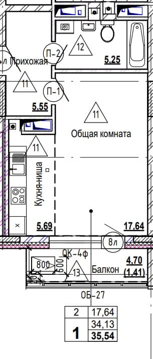 1 комн., 35.8 м²