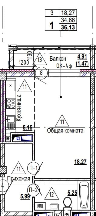 1 комн., 36.8 м²