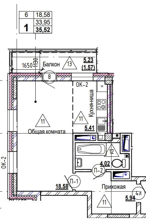 1 комн., 35.7 м²