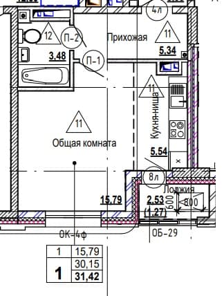 1 комн., 31.6 м²