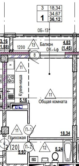 1 комн., 36.4 м²
