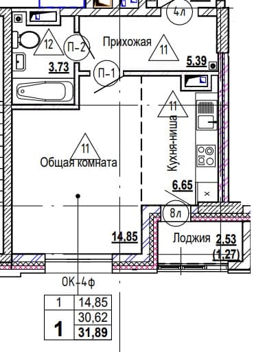 1 комн., 31.9 м²