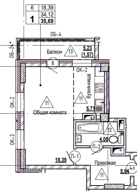 1 комн., 35.9 м²