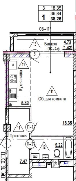 1 комн., 38.5 м²