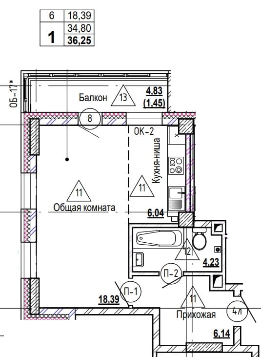 1 комн., 36.5 м²