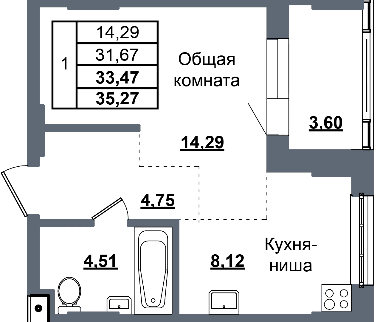 1 комн., 33.5 м²
