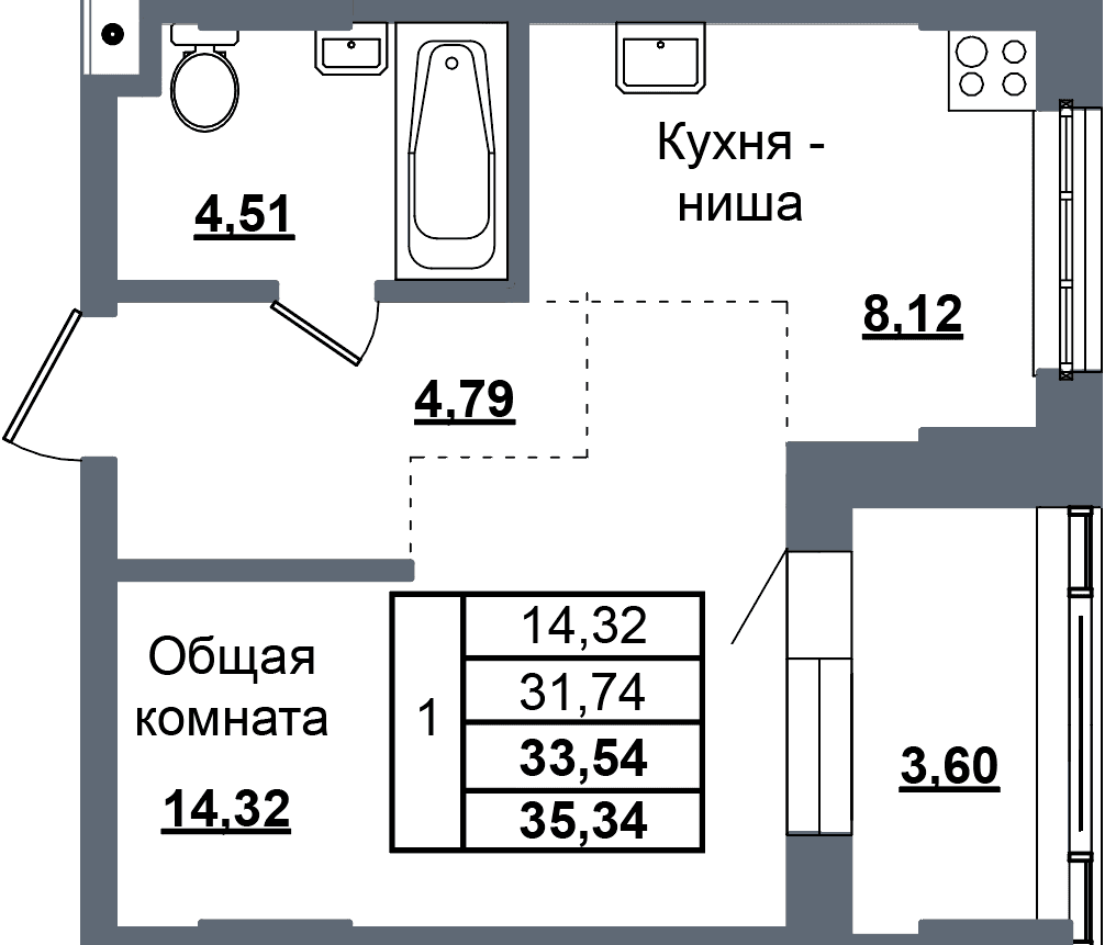 1 комн., 33.5 м²