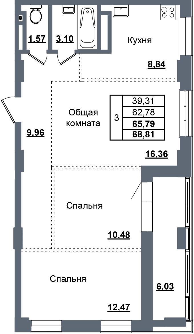 3 комн., 65.8 м²