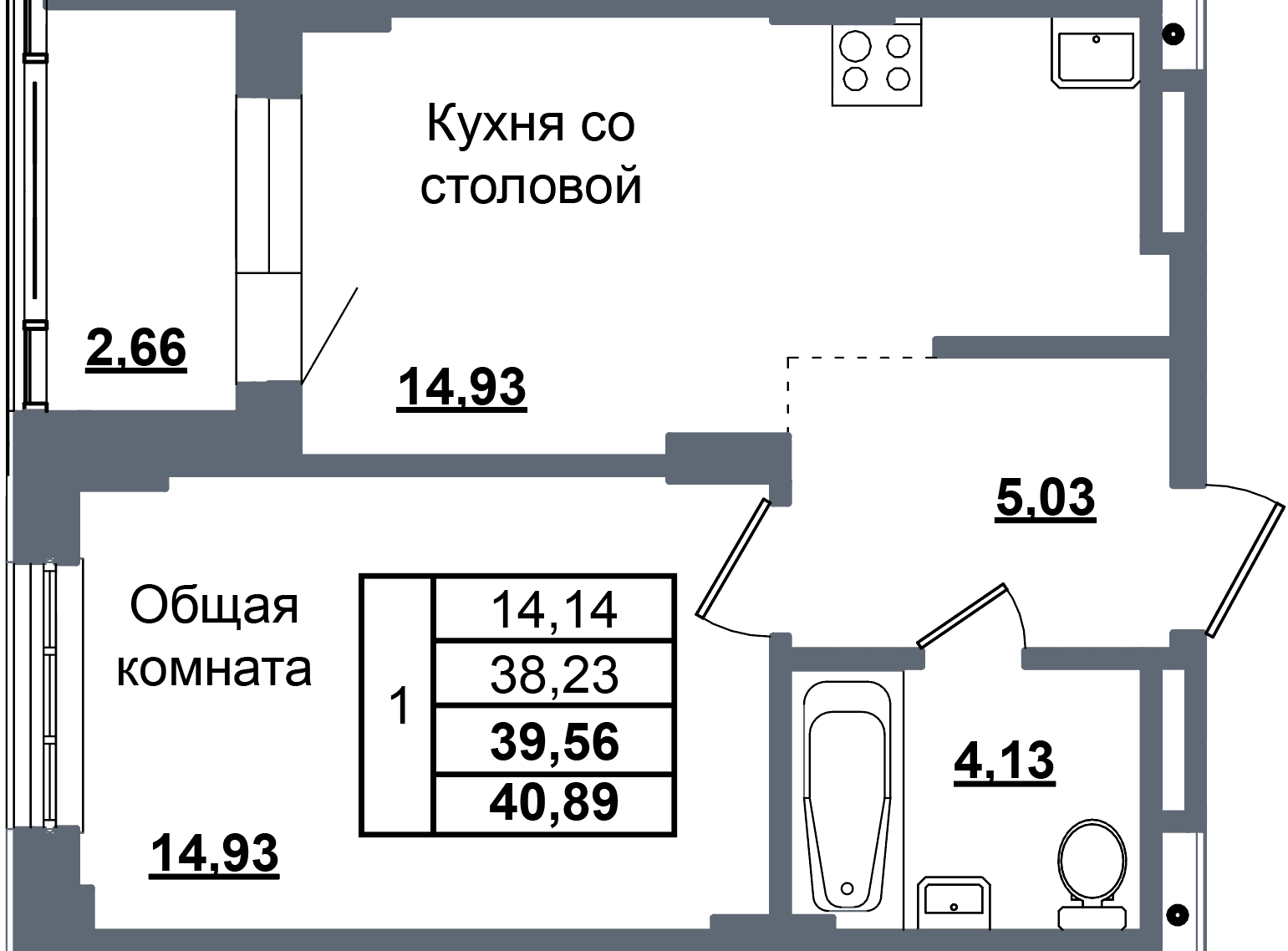 1 комн., 39.6 м²