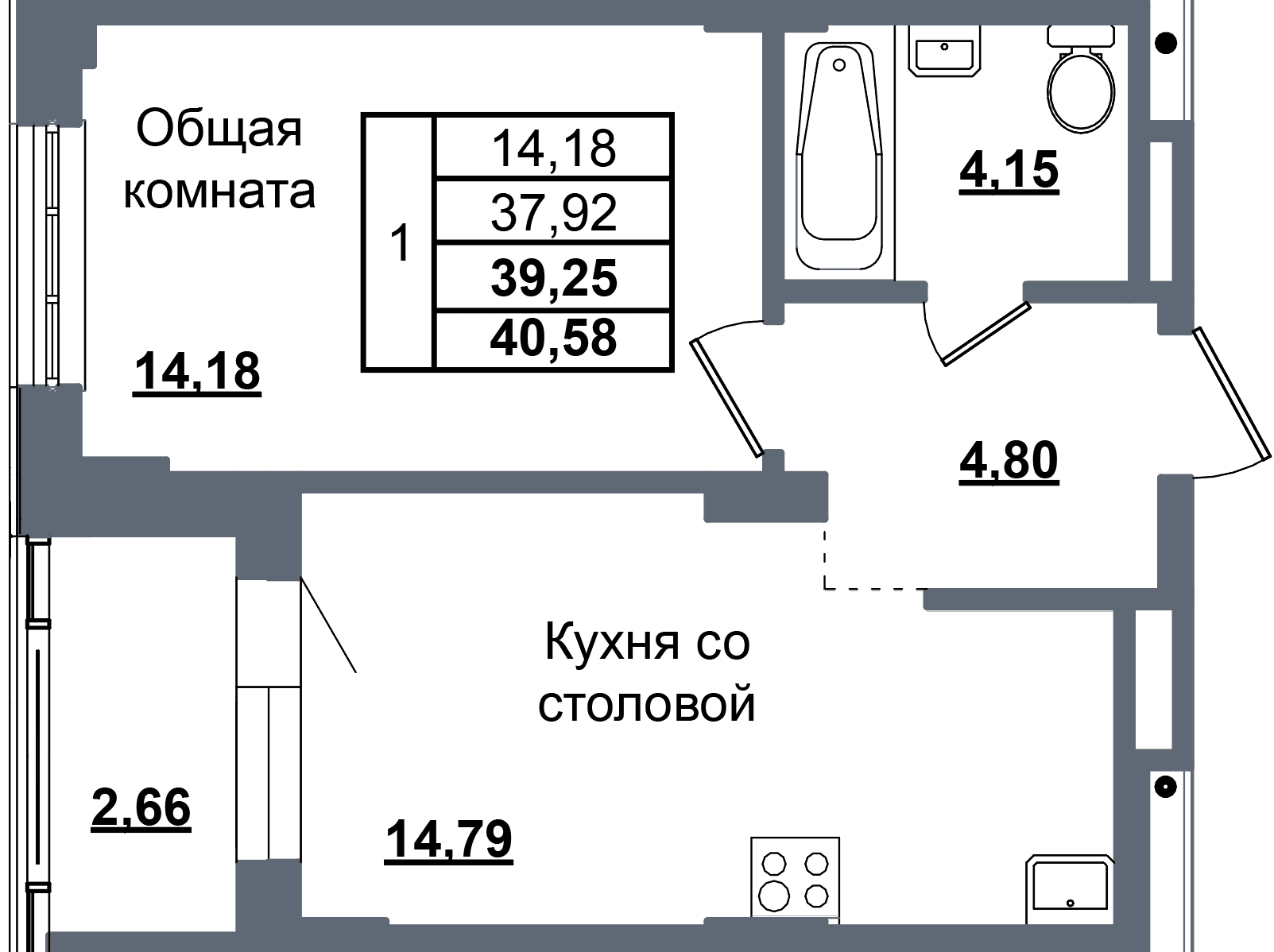 1 комн., 39.3 м²