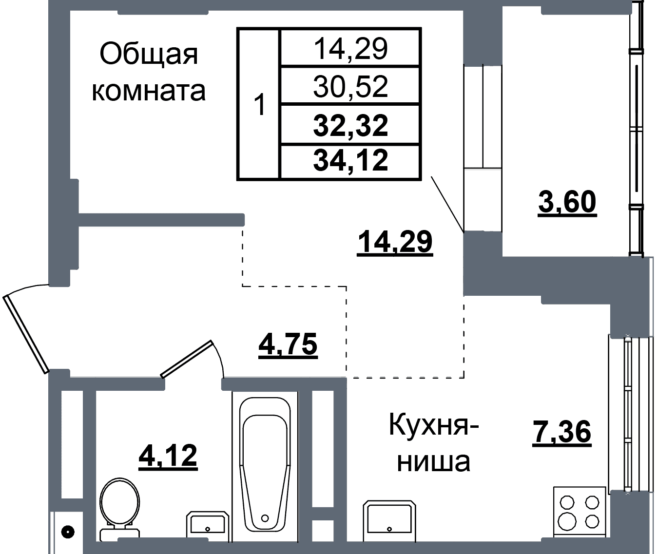 1 комн., 32.3 м²