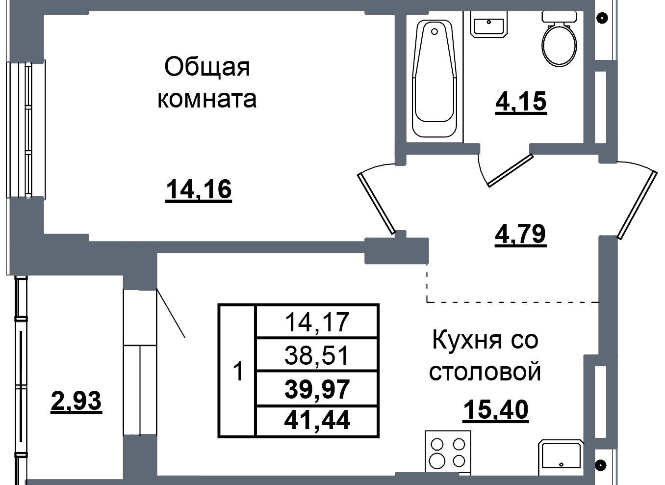 1 комн., 40.0 м²
