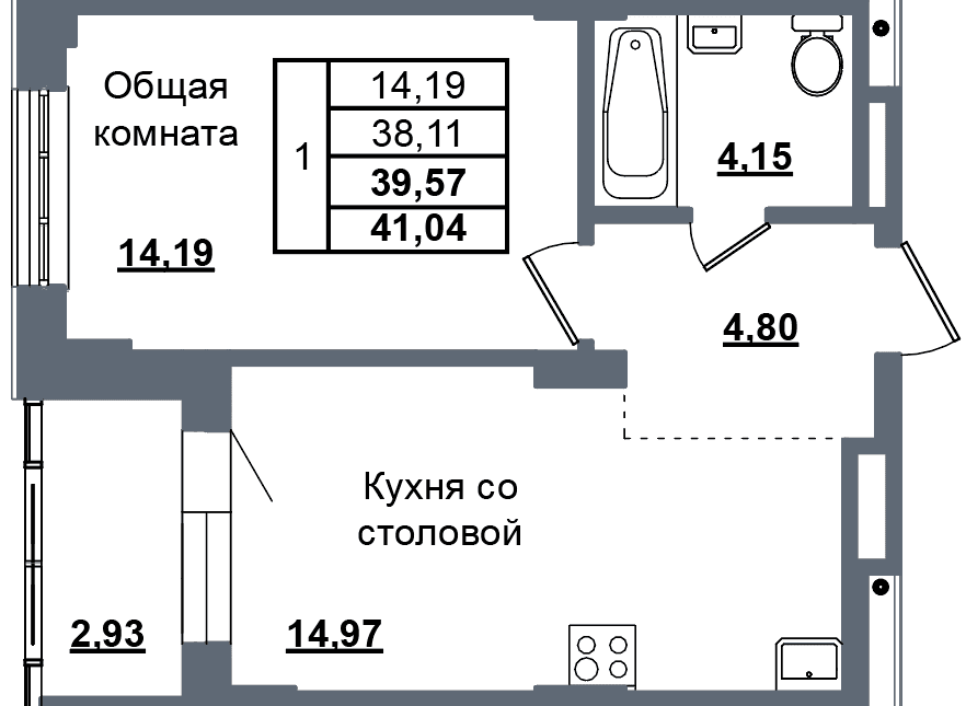 1 комн., 39.6 м²