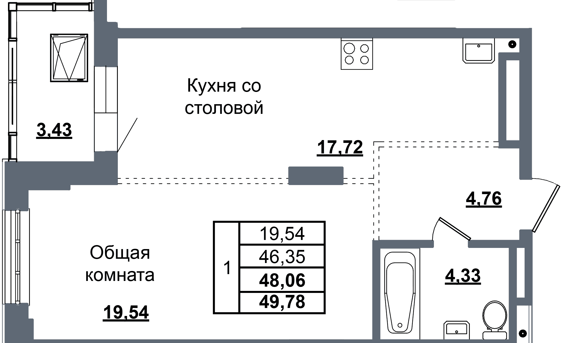 1 комн., 48.1 м²