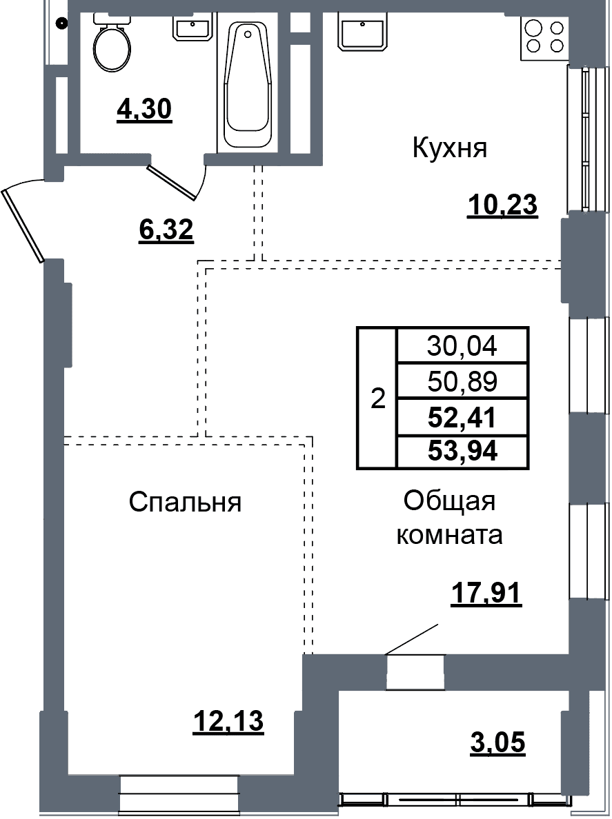 2 комн., 52.4 м²