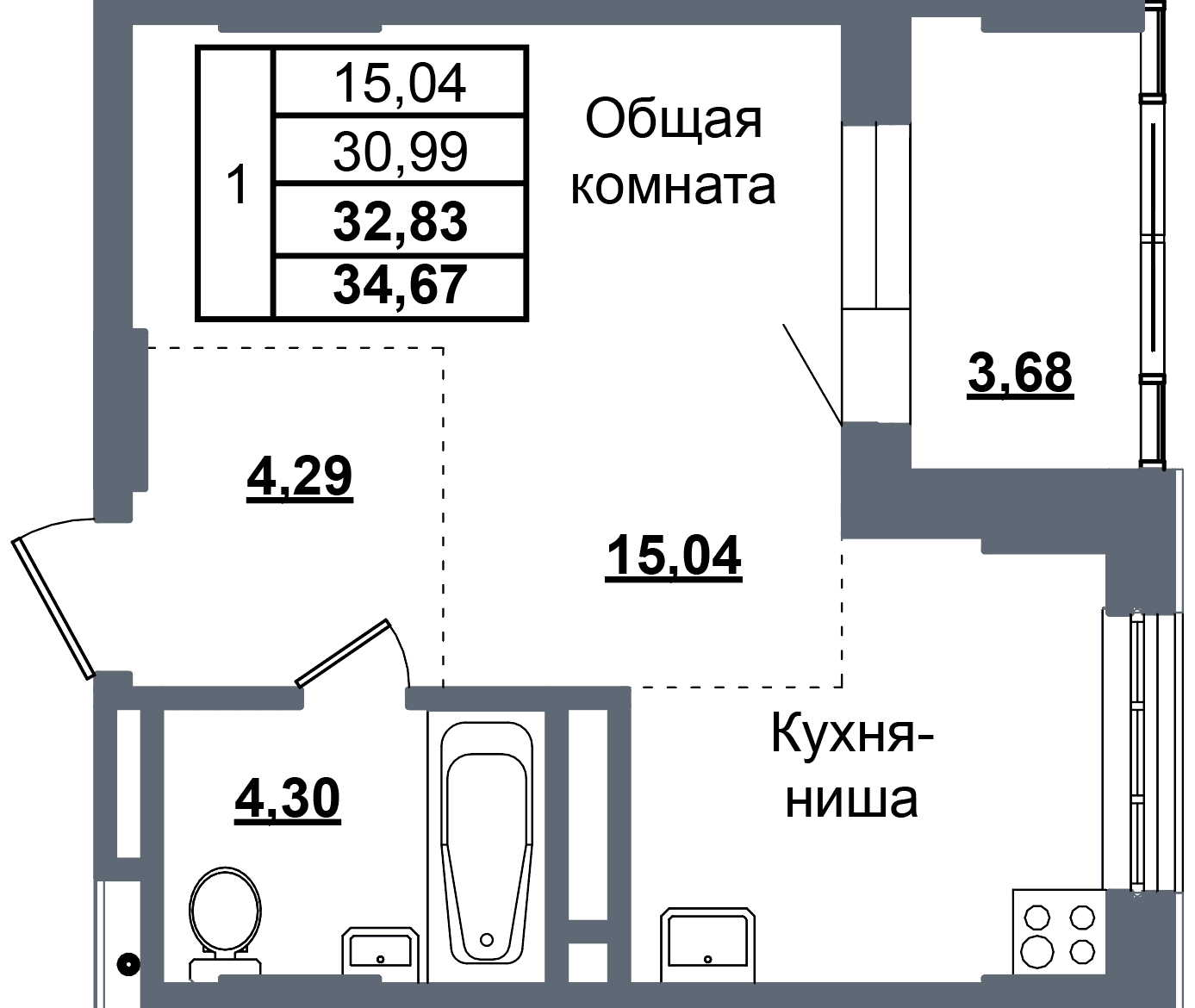 1 комн., 32.8 м²