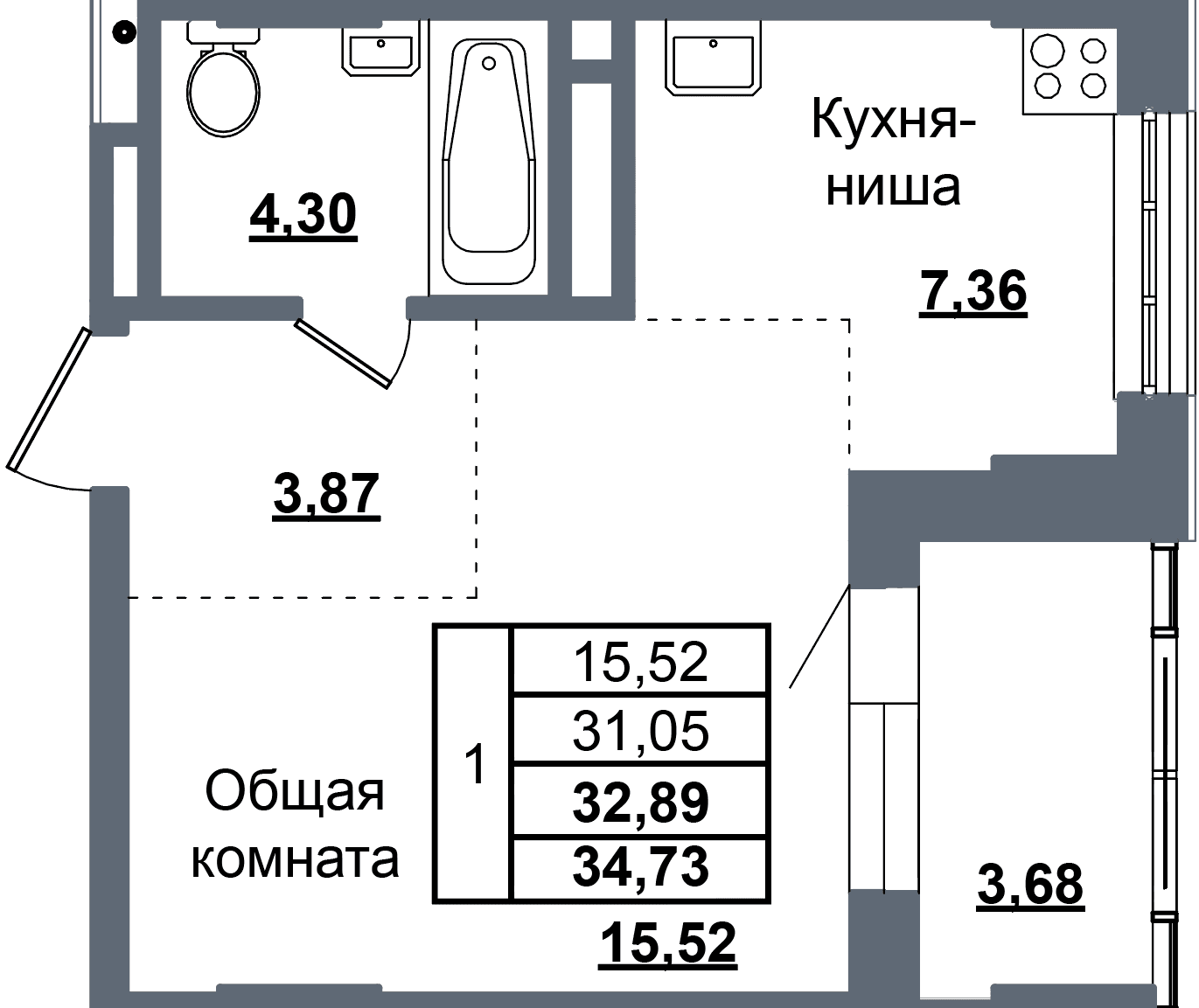 1 комн., 32.9 м²