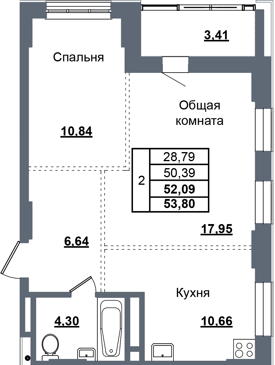 2 комн., 52.1 м²