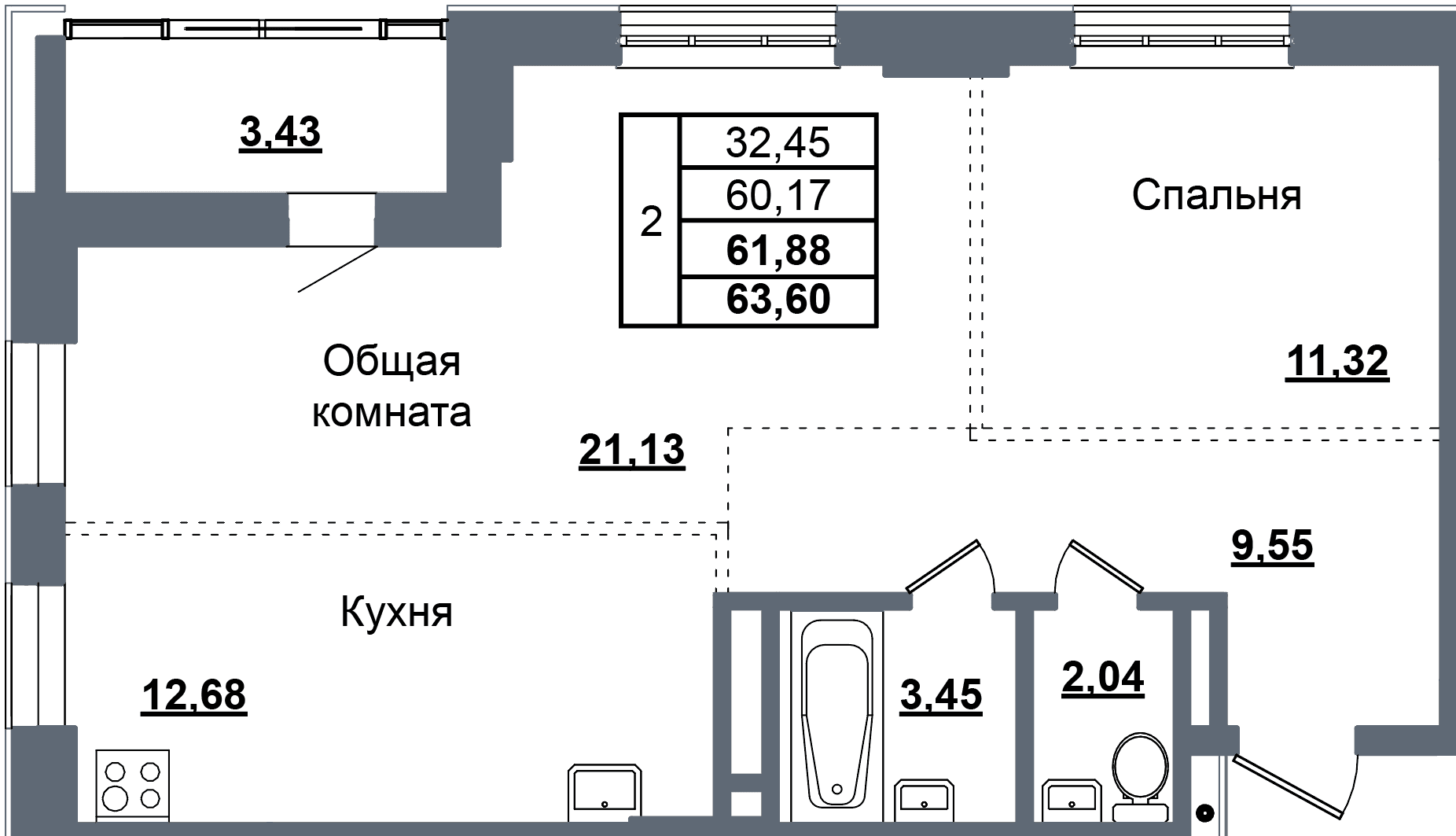 2 комн., 61.9 м²