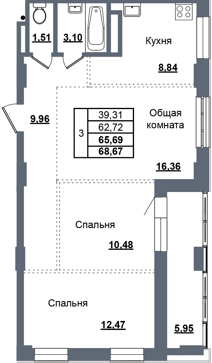 3 комн., 65.7 м²