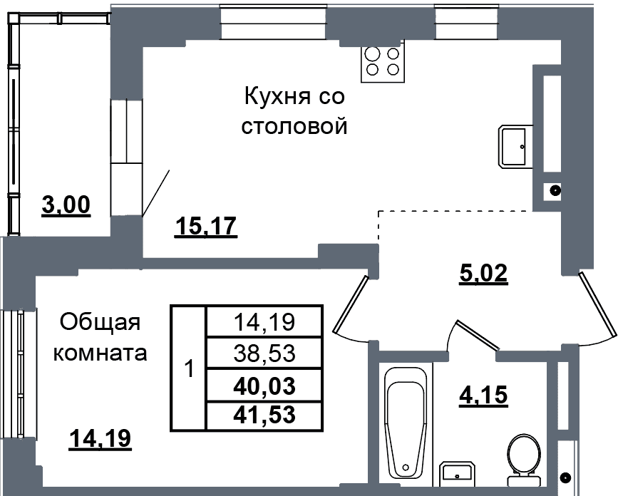 1 комн., 40.0 м²