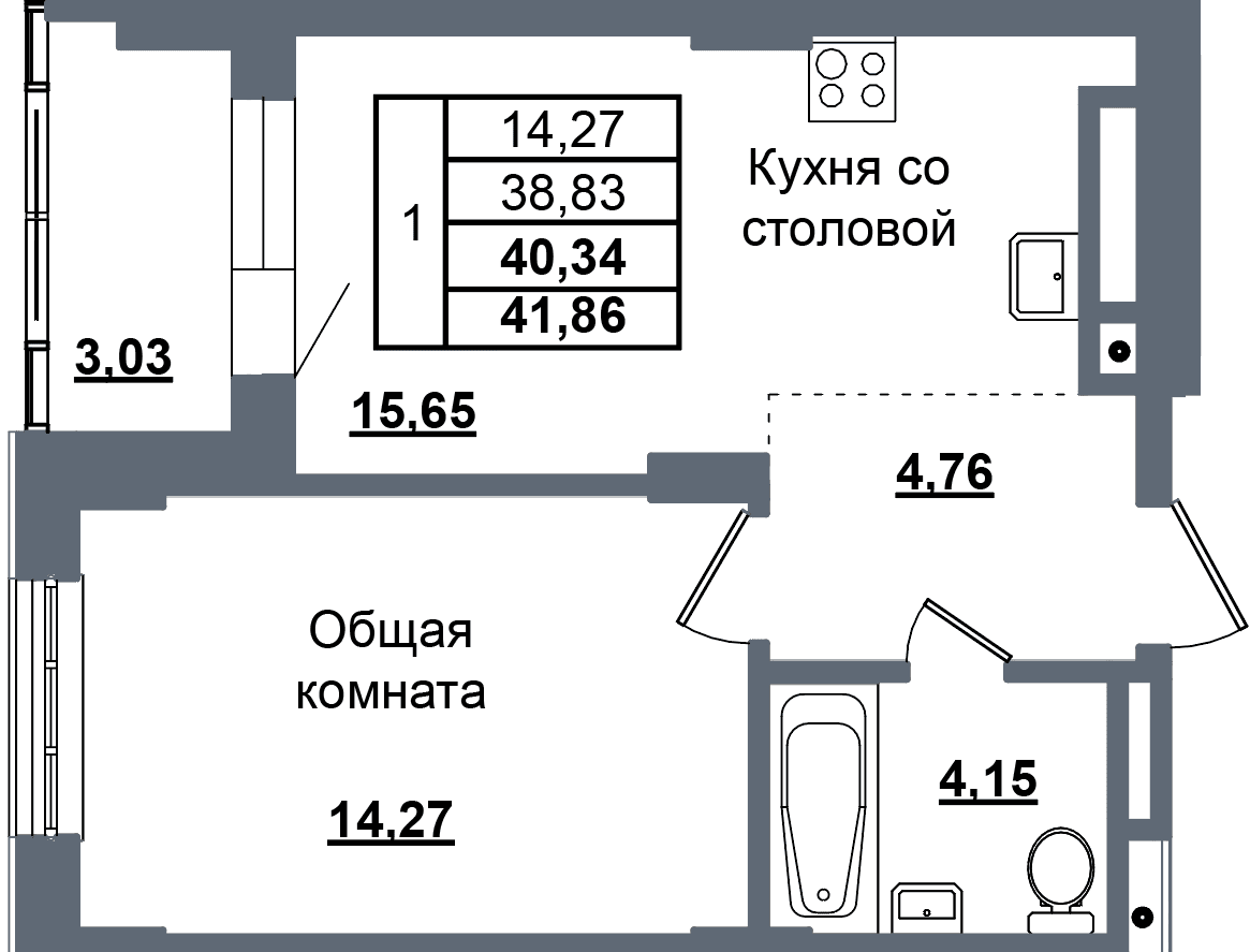 1 комн., 40.3 м²