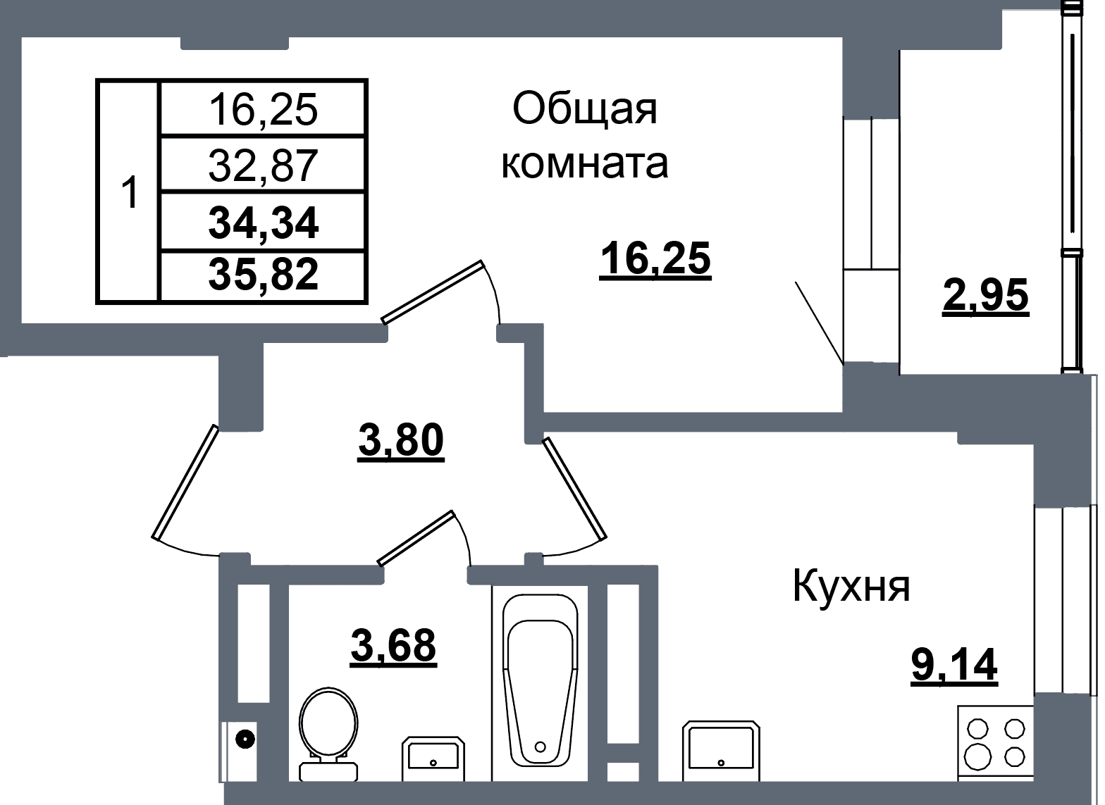 1 комн., 34.3 м²