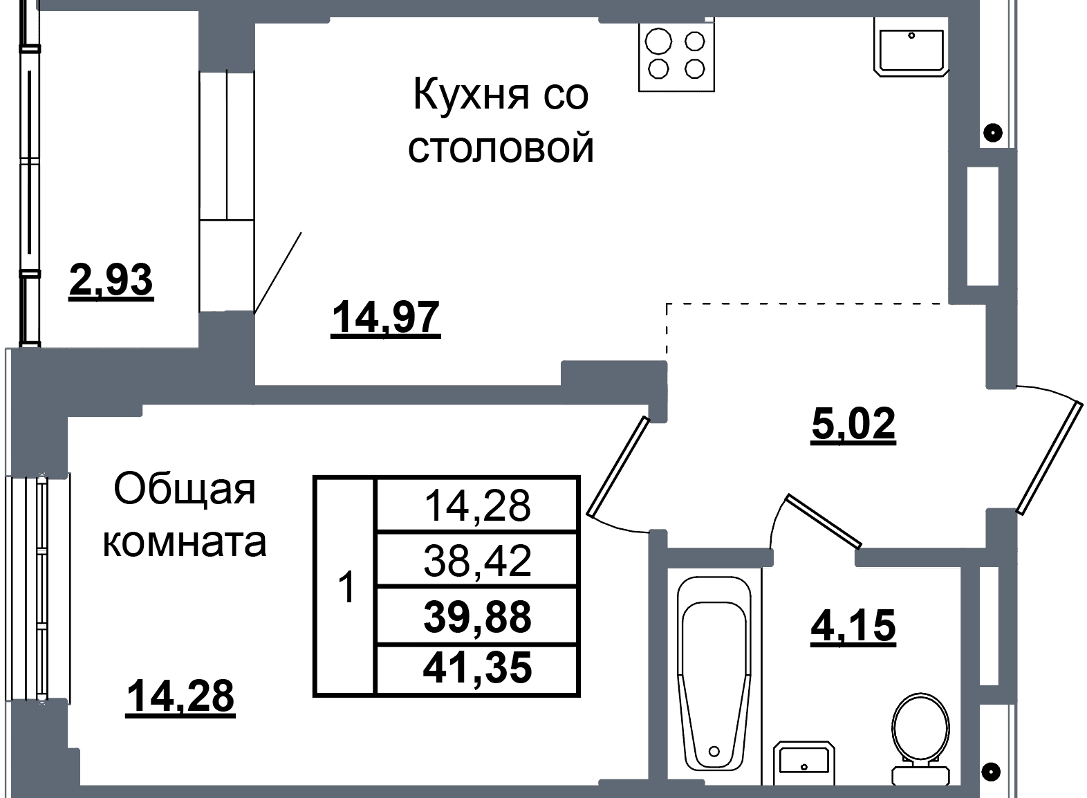1 комн., 39.9 м²