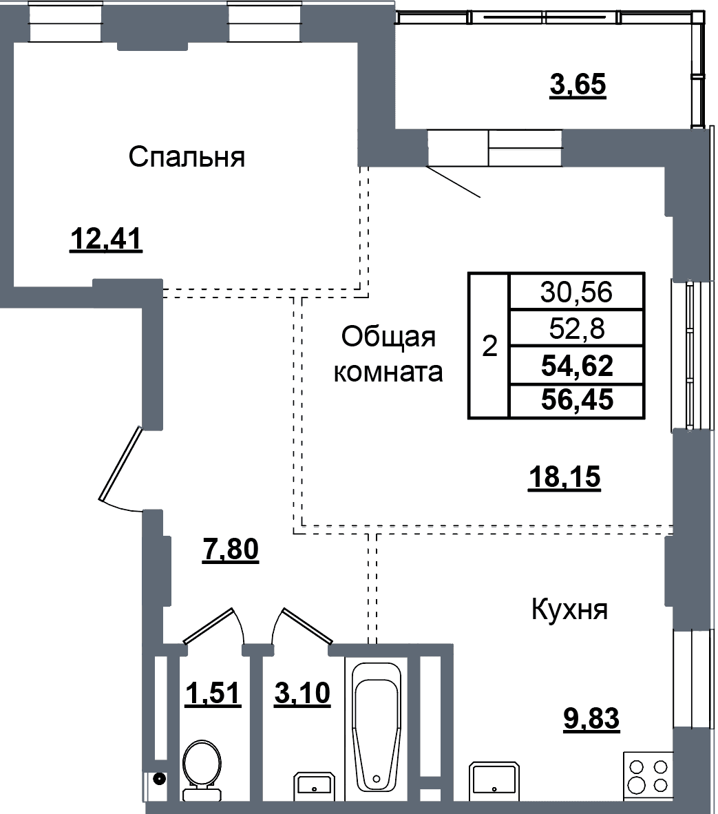 2 комн., 54.6 м²