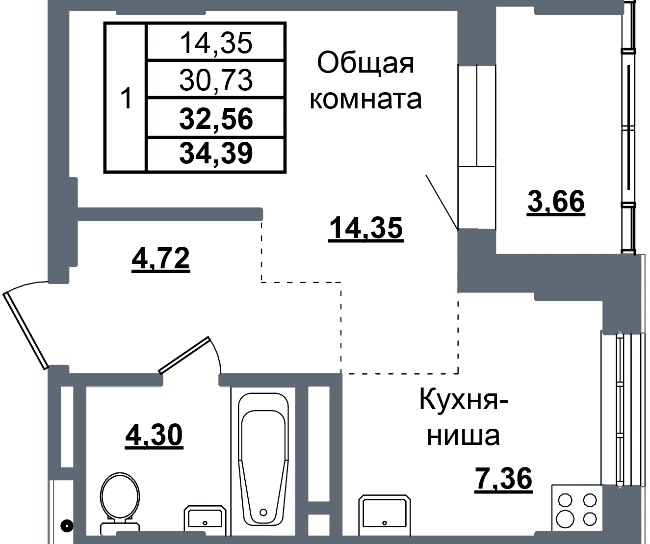 1 комн., 32.6 м²