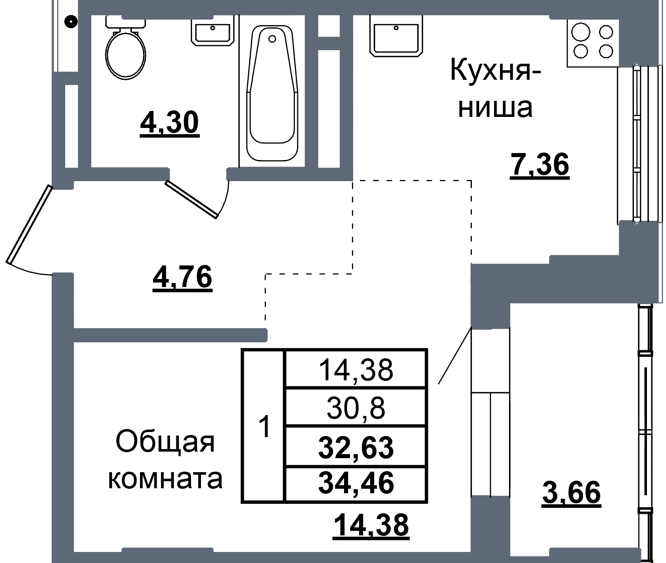 1 комн., 32.6 м²