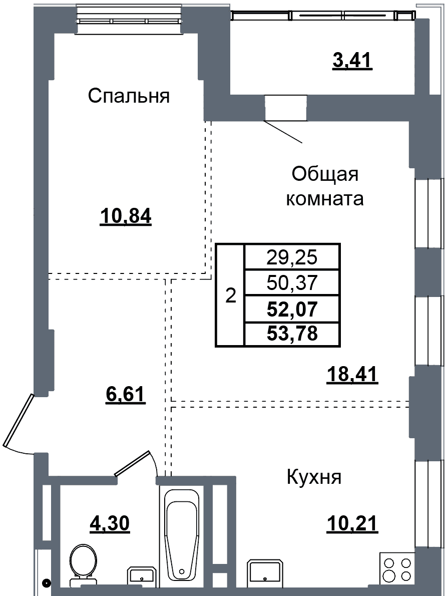 2 комн., 52.1 м²