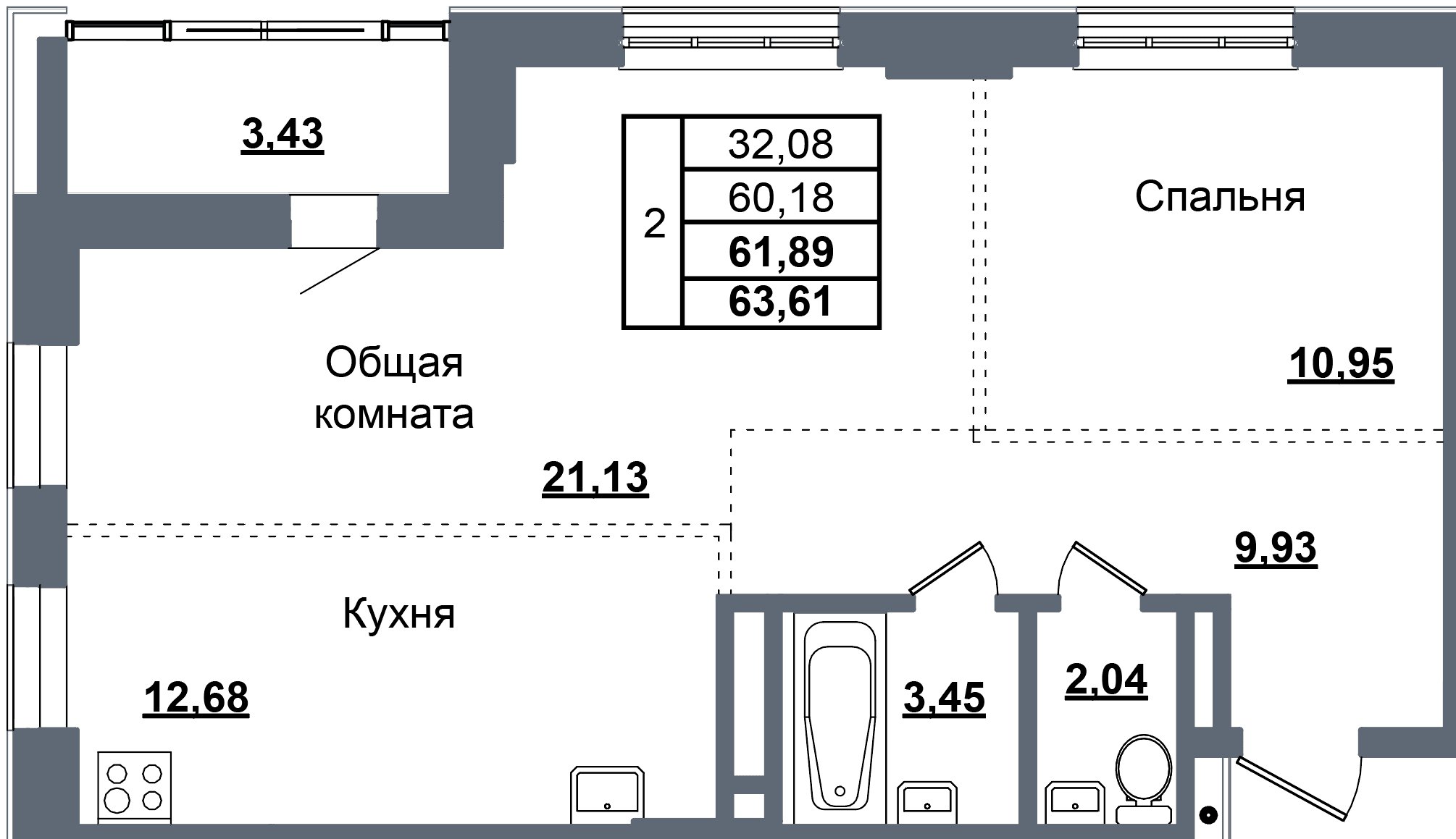 2 комн., 61.9 м²