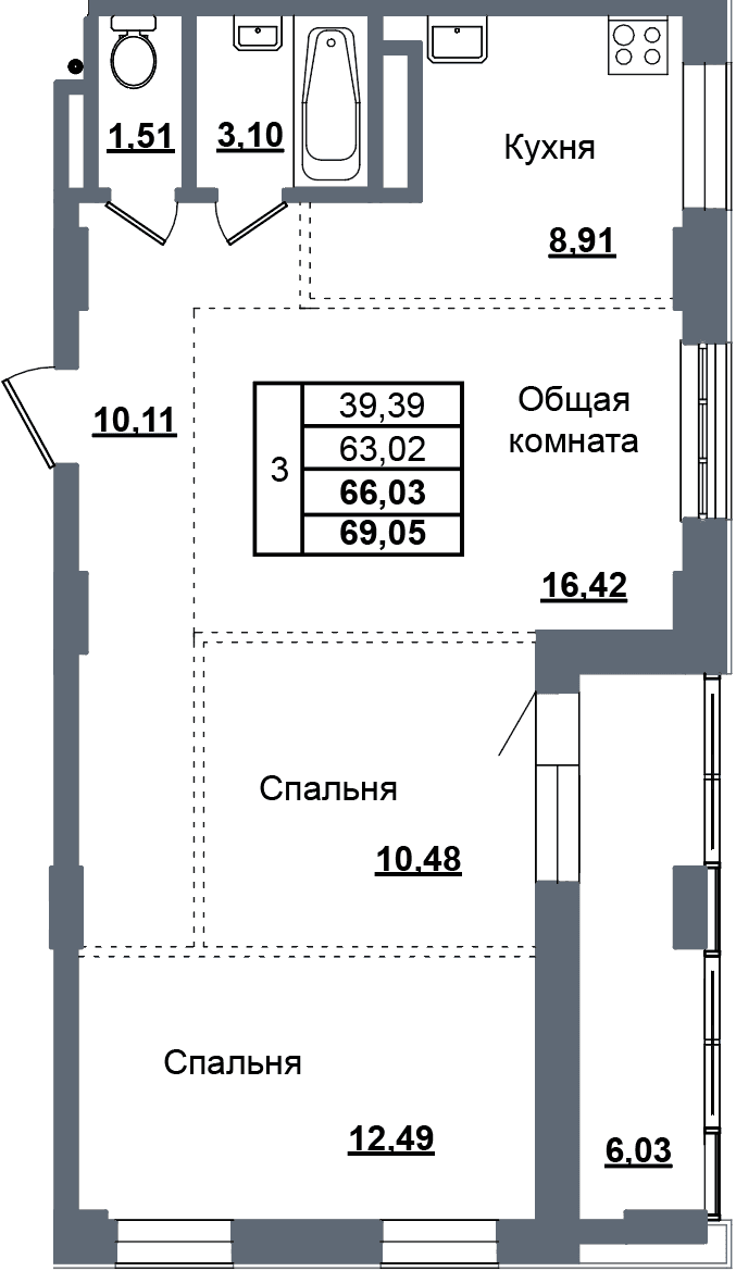 3 комн., 66.0 м²