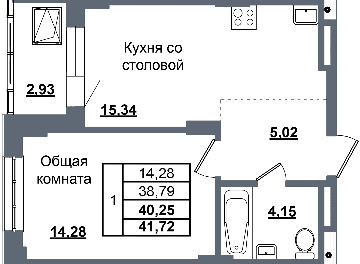 1 комн., 40.3 м²
