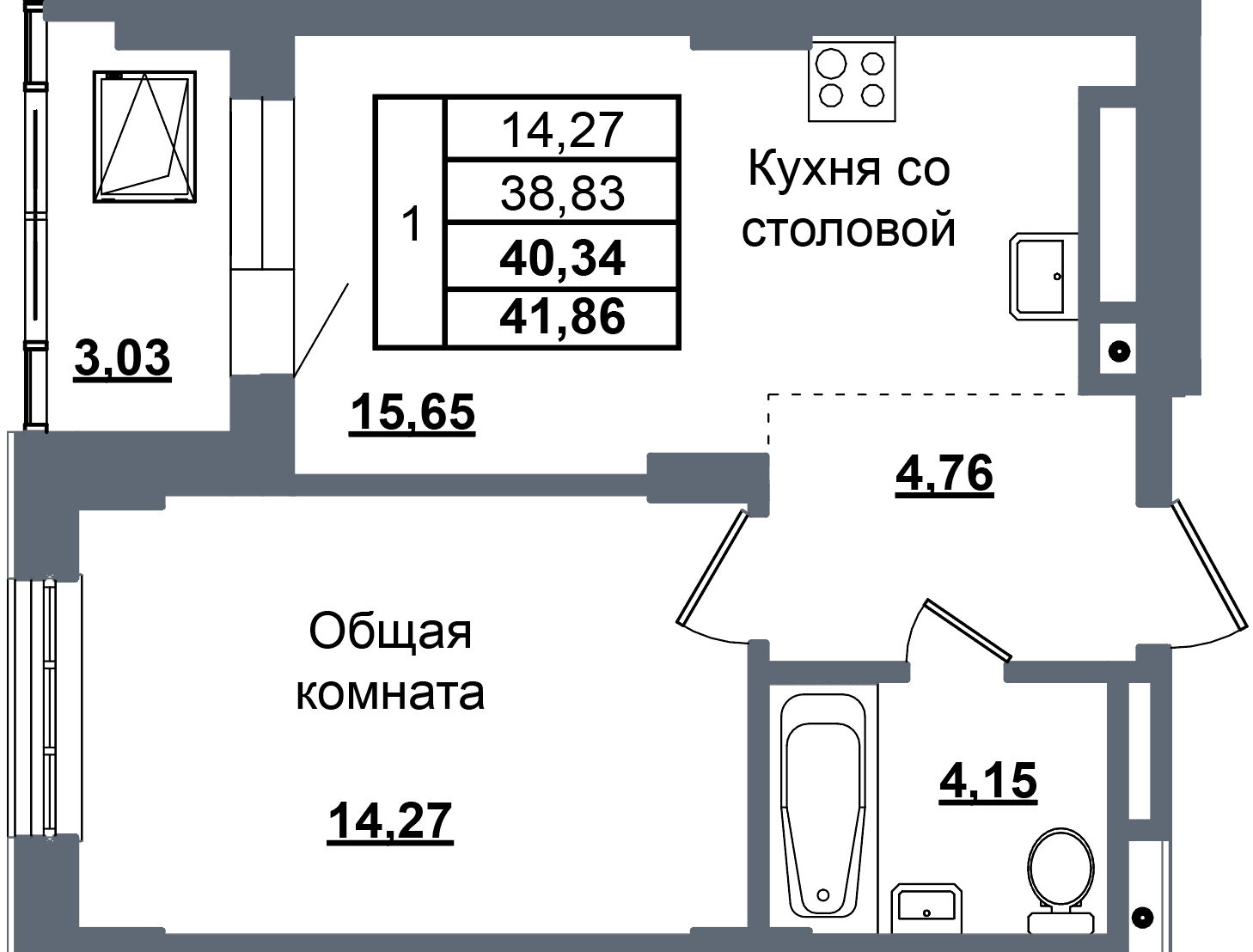 1 комн., 40.3 м²