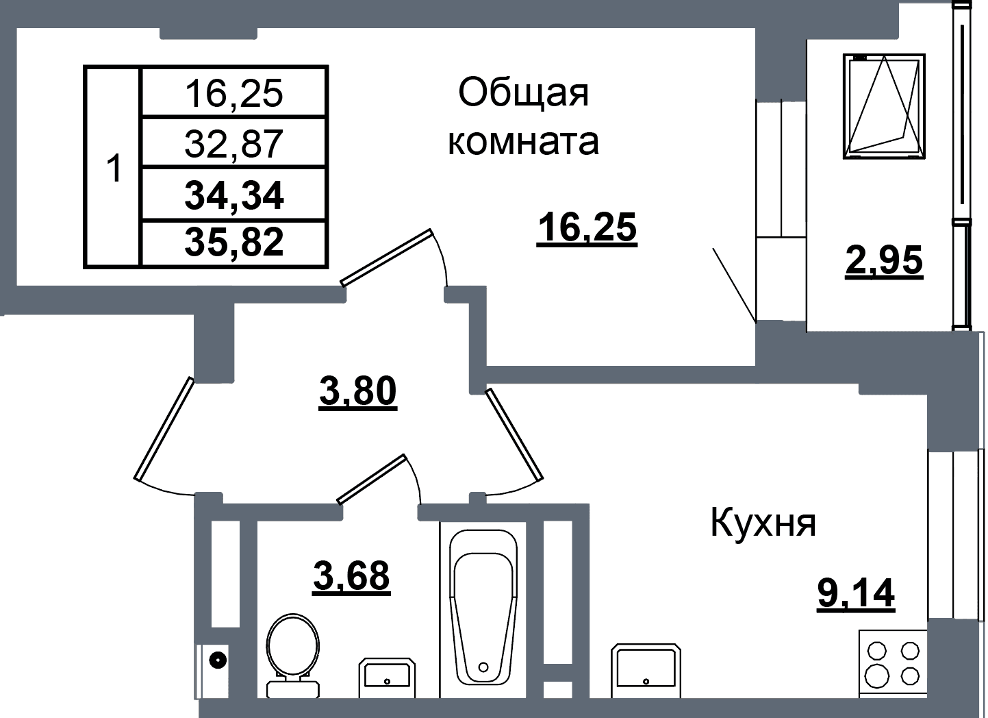 1 комн., 34.3 м²